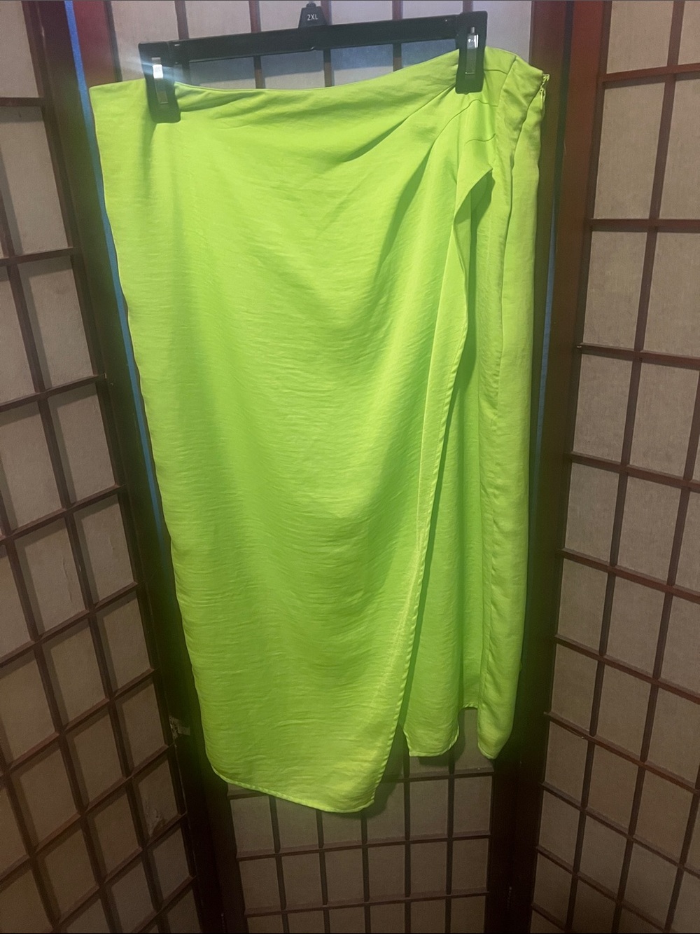 Neon Green Wrap Midi Skirt - Sleek Draped Style